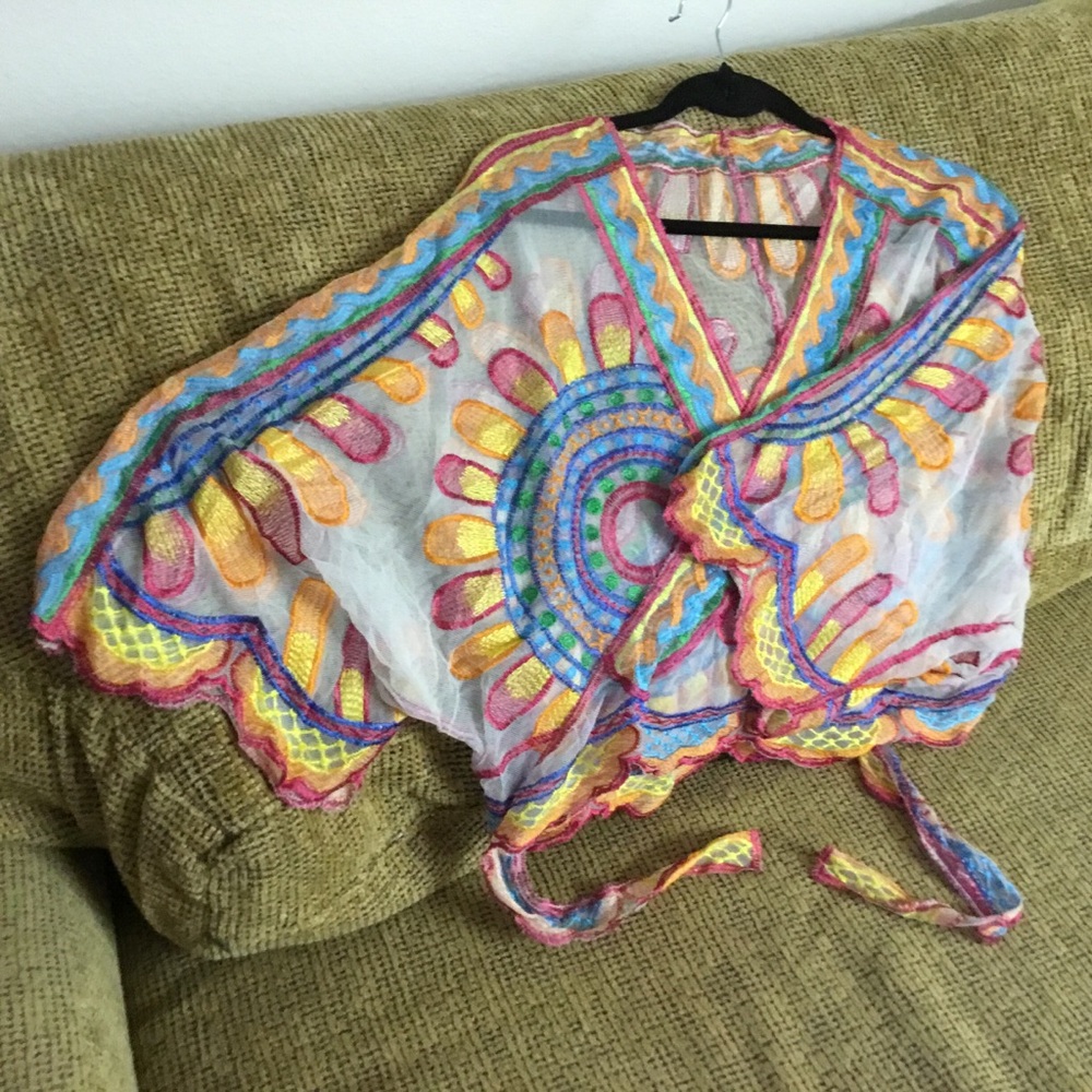 Sheer Embroidered Kimono Swim Cover-Up Tank Tie Top